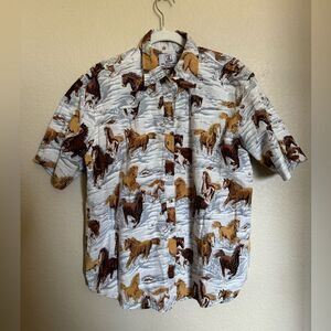 Vintage All Over Horse Button Down Shirt Size XL‎ Winter Running Horse Print